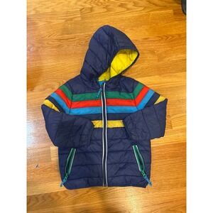 Boden Boys Navy Blue Rainbow Stripe Quilted Puffer Jacket Hooded 3-4Y 104cm